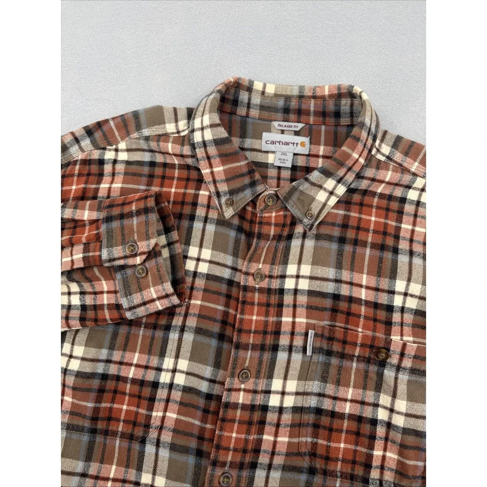Carhartt Trumbull Long Sleeve Button Down Flannel Mens 2XL Orange Plaid Workwear
